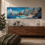 Panoramic oil painting of Santorini featuring whitewashed buildings with blue domes along a rocky shoreline beside bright turquoise water. Seagulls fly above the Aegean Sea while a sailing boat drifts near the coast and waves break along the beach beneath a sky filled with soft clouds.