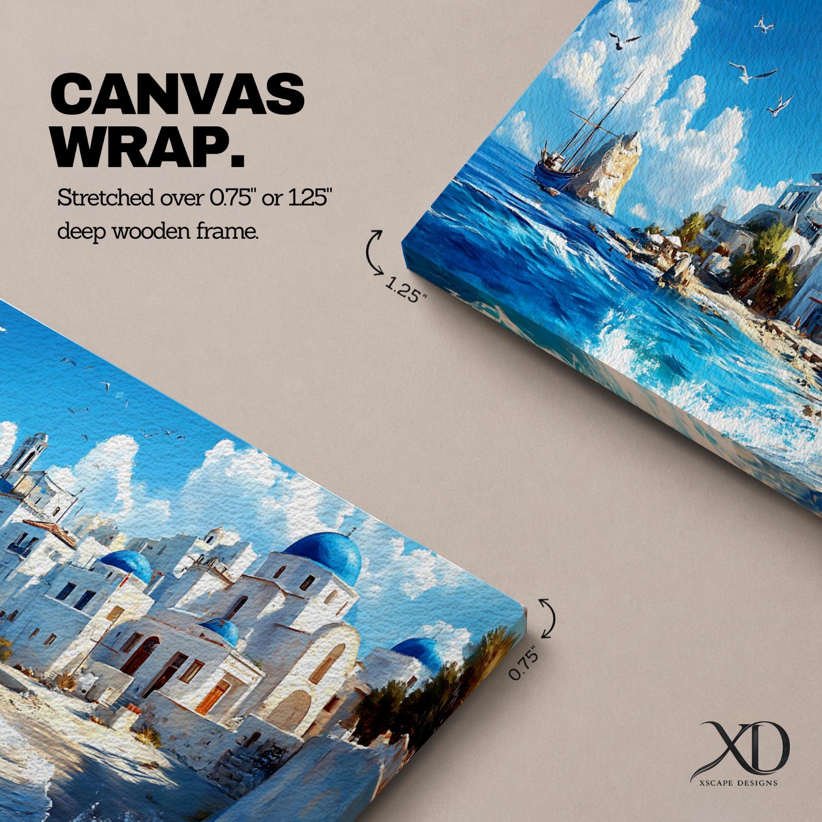 Panoramic oil painting of Santorini featuring whitewashed buildings with blue domes along a rocky shoreline beside bright turquoise water. Seagulls fly above the Aegean Sea while a sailing boat drifts near the coast and waves break along the beach beneath a sky filled with soft clouds.