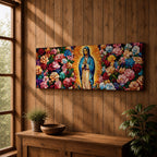 Panoramic painting of the Virgin Mary inspired by Our Lady of Guadalupe standing in prayer with radiant golden rays behind her. The central figure is surrounded by dense colorful roses and floral patterns forming a vibrant symmetrical composition across the wide canvas.