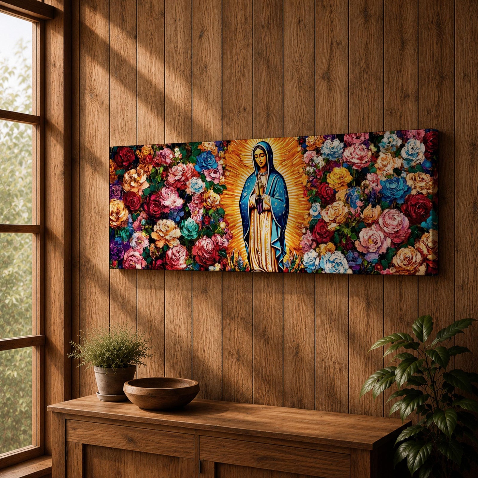 Panoramic painting of the Virgin Mary inspired by Our Lady of Guadalupe standing in prayer with radiant golden rays behind her. The central figure is surrounded by dense colorful roses and floral patterns forming a vibrant symmetrical composition across the wide canvas.