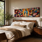 Panoramic painting of the Virgin Mary inspired by Our Lady of Guadalupe standing in prayer with radiant golden rays behind her. The central figure is surrounded by dense colorful roses and floral patterns forming a vibrant symmetrical composition across the wide canvas.