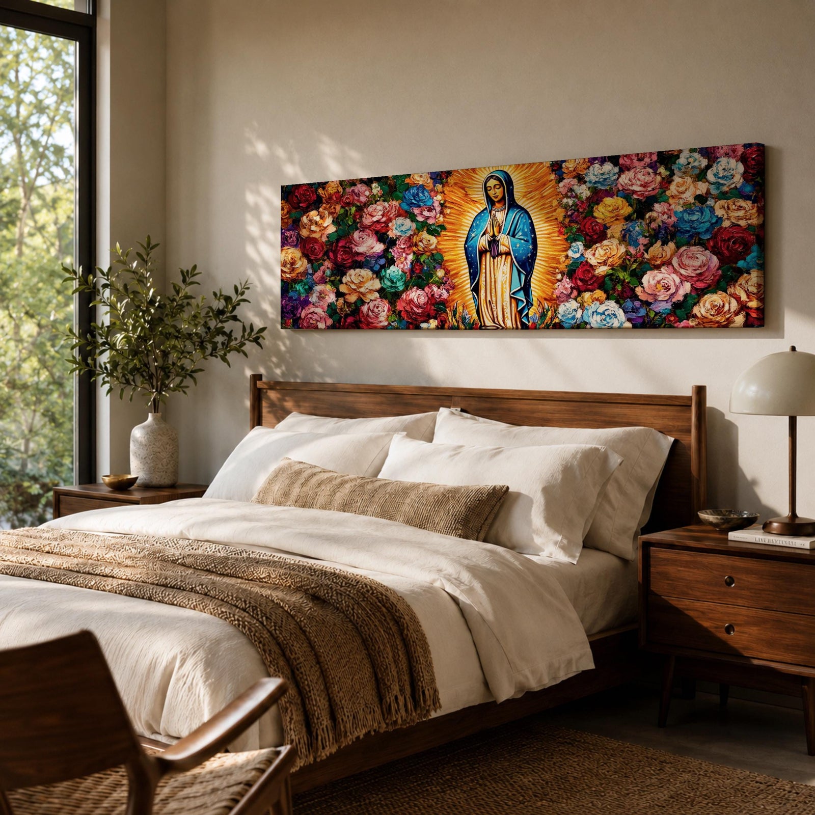 Panoramic painting of the Virgin Mary inspired by Our Lady of Guadalupe standing in prayer with radiant golden rays behind her. The central figure is surrounded by dense colorful roses and floral patterns forming a vibrant symmetrical composition across the wide canvas.