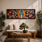 Panoramic painting of the Virgin Mary inspired by Our Lady of Guadalupe standing in prayer with radiant golden rays behind her. The central figure is surrounded by dense colorful roses and floral patterns forming a vibrant symmetrical composition across the wide canvas.