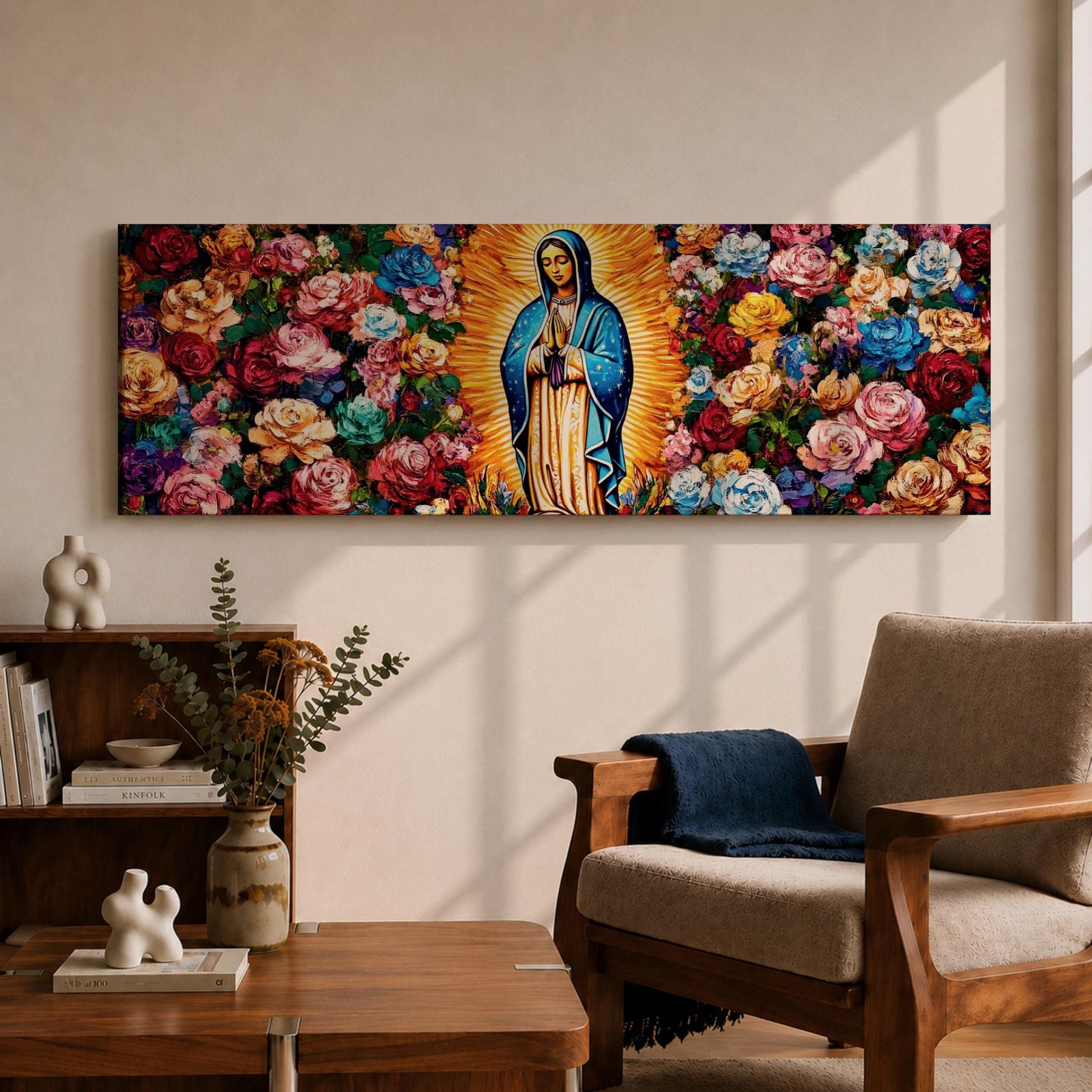 Panoramic painting of the Virgin Mary inspired by Our Lady of Guadalupe standing in prayer with radiant golden rays behind her. The central figure is surrounded by dense colorful roses and floral patterns forming a vibrant symmetrical composition across the wide canvas.
