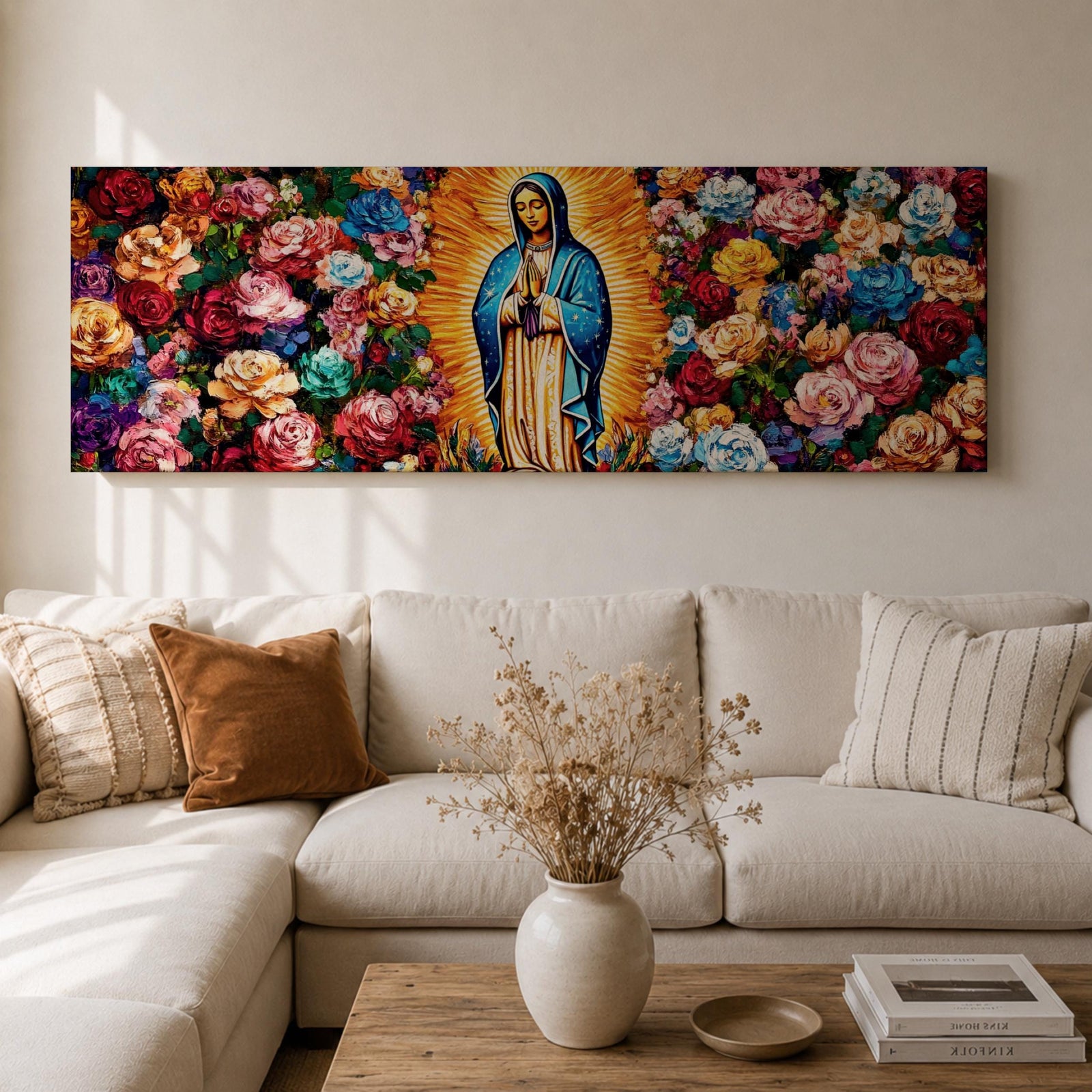 Panoramic painting of the Virgin Mary inspired by Our Lady of Guadalupe standing in prayer with radiant golden rays behind her. The central figure is surrounded by dense colorful roses and floral patterns forming a vibrant symmetrical composition across the wide canvas.