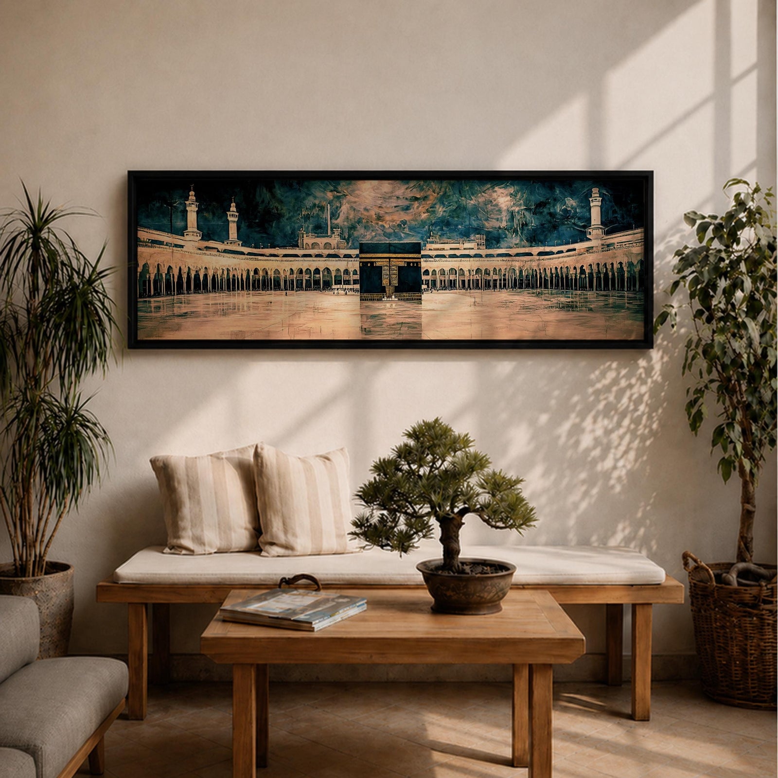 Panoramic painting of the Kaaba at Masjid Al Haram in Makkah surrounded by grand mosque arches and tall minarets. The sacred black cube stands centered within the wide courtyard reflecting on polished stone while dramatic clouds gather above the holy sanctuary skyline.