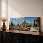 Panoramic painting of Masjid Al Aqsa and the Dome of the Rock with the golden dome rising above gardens and stone walkways. Cypress trees and colorful flowerbeds frame the historic Islamic sanctuary while Jerusalem spreads across the horizon beneath a bright sky.