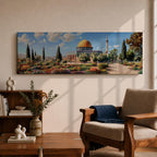 Panoramic painting of Masjid Al Aqsa and the Dome of the Rock with the golden dome rising above gardens and stone walkways. Cypress trees and colorful flowerbeds frame the historic Islamic sanctuary while Jerusalem spreads across the horizon beneath a bright sky.