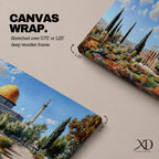 Panoramic painting of Masjid Al Aqsa and the Dome of the Rock with the golden dome rising above gardens and stone walkways. Cypress trees and colorful flowerbeds frame the historic Islamic sanctuary while Jerusalem spreads across the horizon beneath a bright sky.
