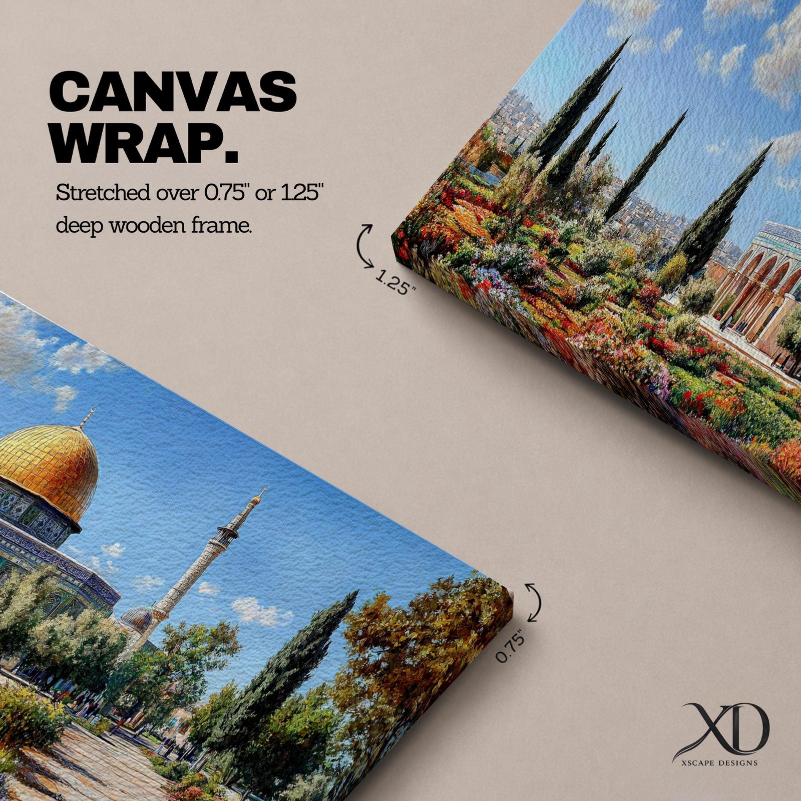 Panoramic painting of Masjid Al Aqsa and the Dome of the Rock with the golden dome rising above gardens and stone walkways. Cypress trees and colorful flowerbeds frame the historic Islamic sanctuary while Jerusalem spreads across the horizon beneath a bright sky.
