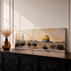 Panoramic painting of the Dome of the Rock in Jerusalem with its iconic golden dome rising above surrounding mosque structures, arches, and a tall minaret. The composition stretches horizontally with textured brushwork in warm sand, gold, and earthy tones, depicting the mosque complex and trees in a loose impressionistic architectural landscape style.