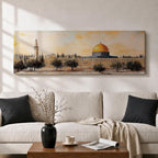 Panoramic painting of the Dome of the Rock in Jerusalem with its iconic golden dome rising above surrounding mosque structures, arches, and a tall minaret. The composition stretches horizontally with textured brushwork in warm sand, gold, and earthy tones, depicting the mosque complex and trees in a loose impressionistic architectural landscape style.