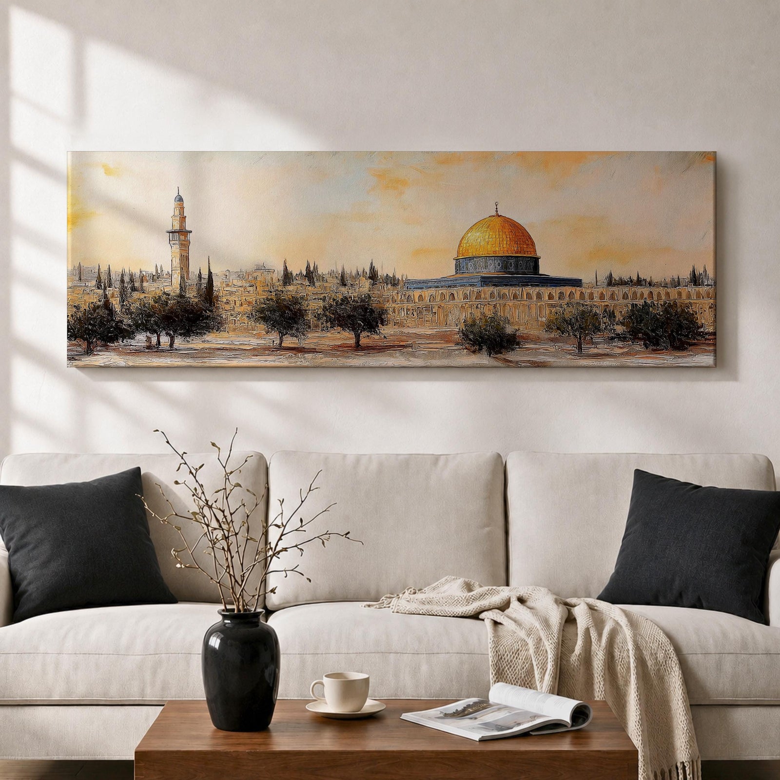 Panoramic painting of the Dome of the Rock in Jerusalem with its iconic golden dome rising above surrounding mosque structures, arches, and a tall minaret. The composition stretches horizontally with textured brushwork in warm sand, gold, and earthy tones, depicting the mosque complex and trees in a loose impressionistic architectural landscape style.