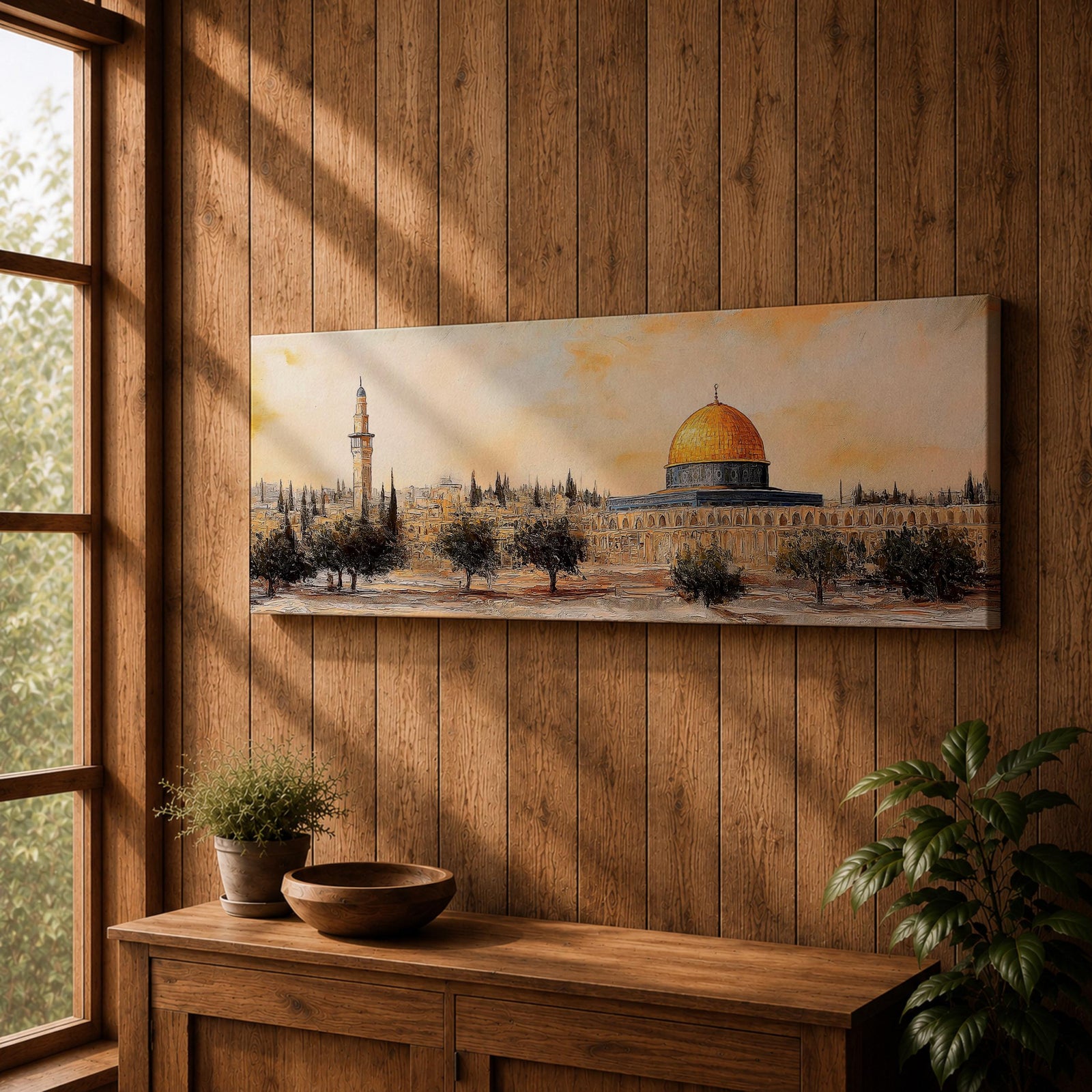 Panoramic painting of the Dome of the Rock in Jerusalem with its iconic golden dome rising above surrounding mosque structures, arches, and a tall minaret. The composition stretches horizontally with textured brushwork in warm sand, gold, and earthy tones, depicting the mosque complex and trees in a loose impressionistic architectural landscape style.