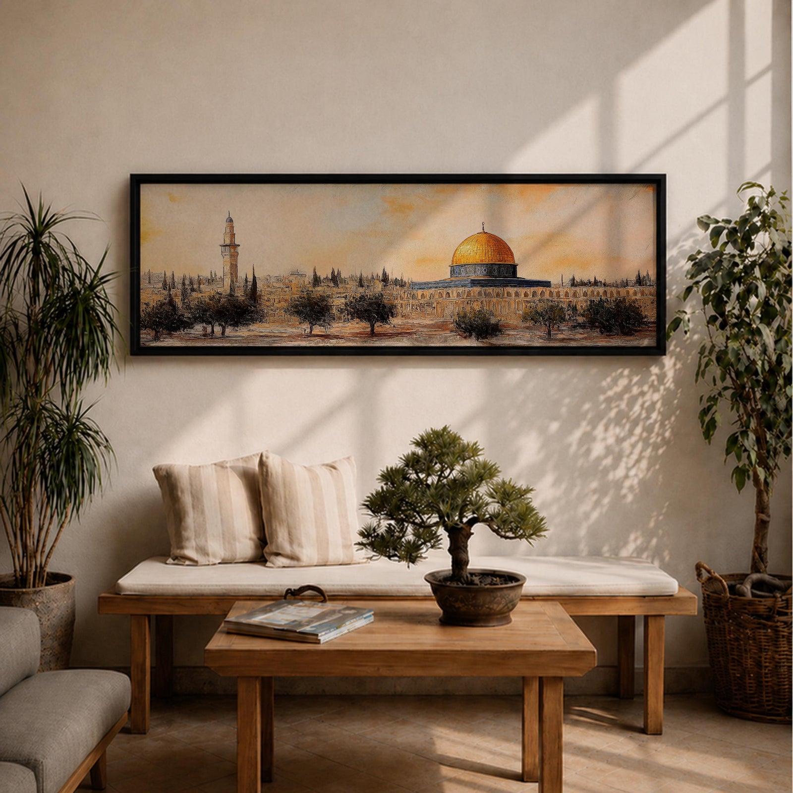 Panoramic painting of the Dome of the Rock in Jerusalem with its iconic golden dome rising above surrounding mosque structures, arches, and a tall minaret. The composition stretches horizontally with textured brushwork in warm sand, gold, and earthy tones, depicting the mosque complex and trees in a loose impressionistic architectural landscape style.