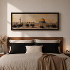 Panoramic painting of the Dome of the Rock in Jerusalem with its iconic golden dome rising above surrounding mosque structures, arches, and a tall minaret. The composition stretches horizontally with textured brushwork in warm sand, gold, and earthy tones, depicting the mosque complex and trees in a loose impressionistic architectural landscape style.