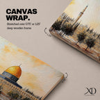 Panoramic painting of the Dome of the Rock in Jerusalem with its iconic golden dome rising above surrounding mosque structures, arches, and a tall minaret. The composition stretches horizontally with textured brushwork in warm sand, gold, and earthy tones, depicting the mosque complex and trees in a loose impressionistic architectural landscape style.