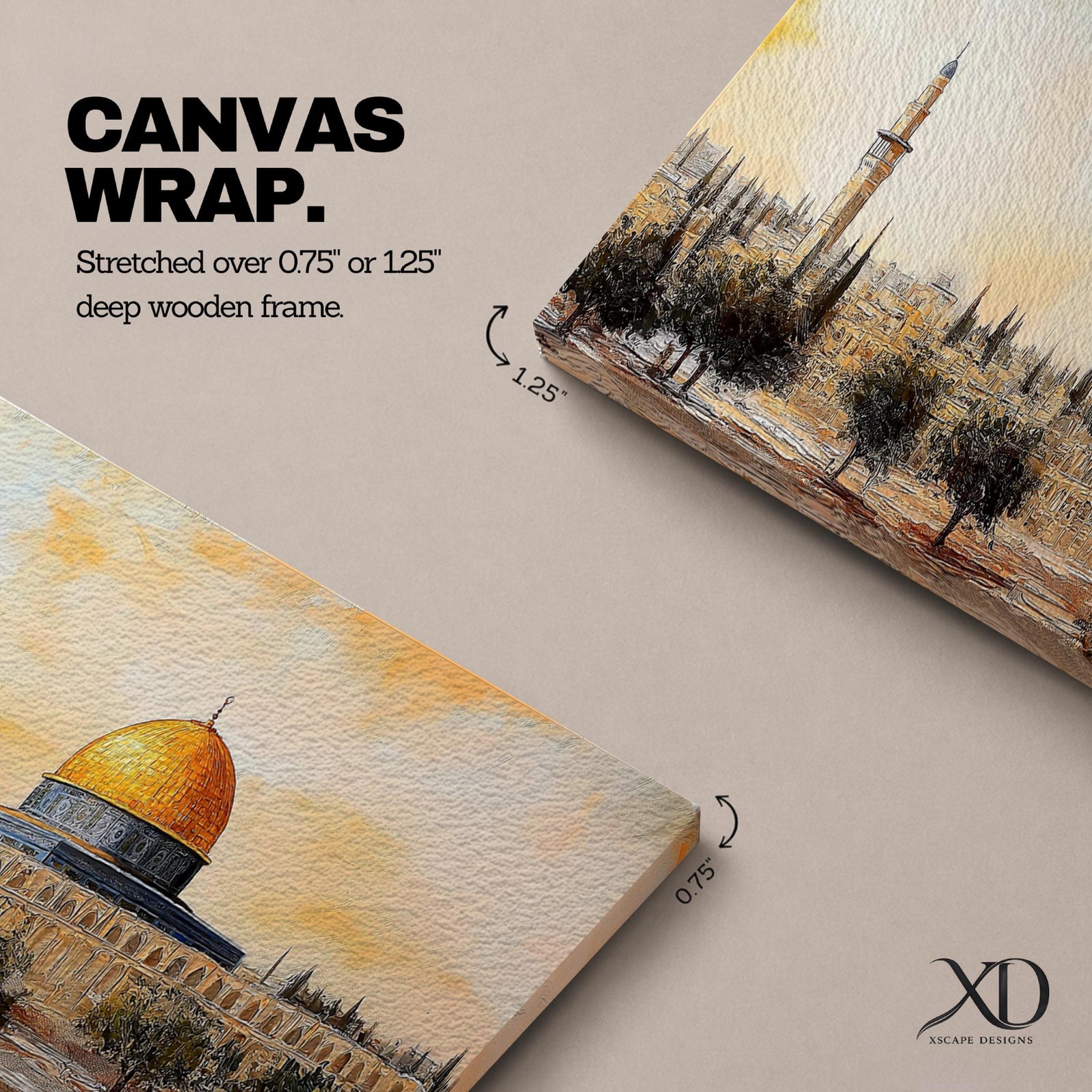 Panoramic painting of the Dome of the Rock in Jerusalem with its iconic golden dome rising above surrounding mosque structures, arches, and a tall minaret. The composition stretches horizontally with textured brushwork in warm sand, gold, and earthy tones, depicting the mosque complex and trees in a loose impressionistic architectural landscape style.