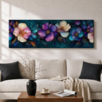 Panoramic teal floral wall art featuring large decorative botanical flowers in purple pink and ivory tones on a deep teal background creating an elegant modern floral composition.