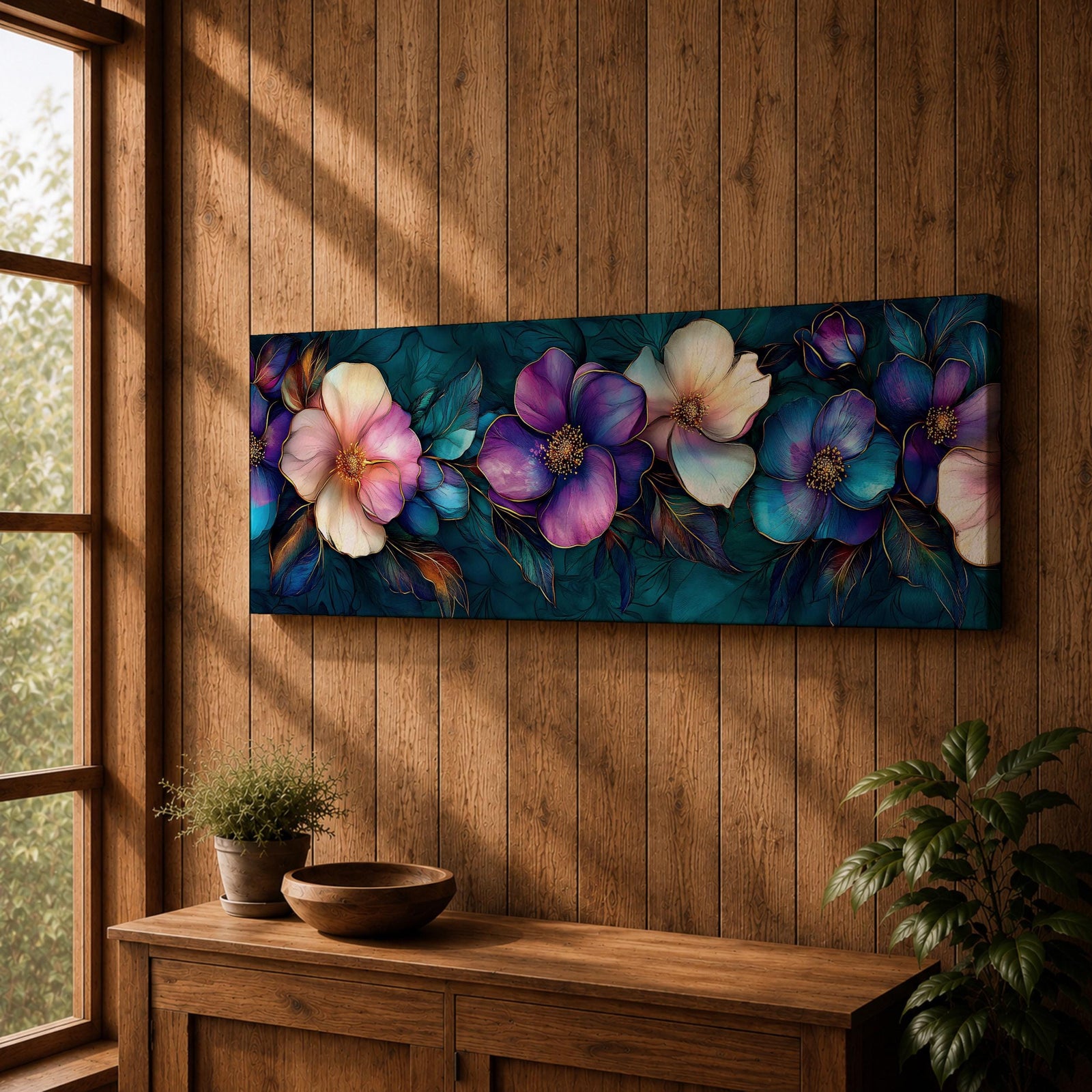 Panoramic teal floral wall art featuring large decorative botanical flowers in purple pink and ivory tones on a deep teal background creating an elegant modern floral composition.