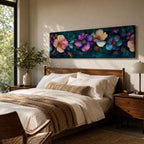 Panoramic teal floral wall art featuring large decorative botanical flowers in purple pink and ivory tones on a deep teal background creating an elegant modern floral composition.