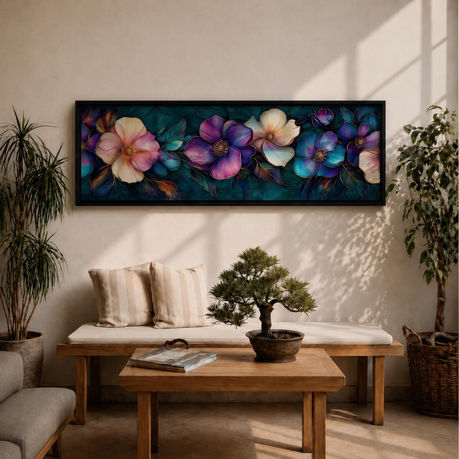 Panoramic teal floral wall art featuring large decorative botanical flowers in purple pink and ivory tones on a deep teal background creating an elegant modern floral composition.
