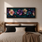 Panoramic teal floral wall art featuring large decorative botanical flowers in purple pink and ivory tones on a deep teal background creating an elegant modern floral composition.