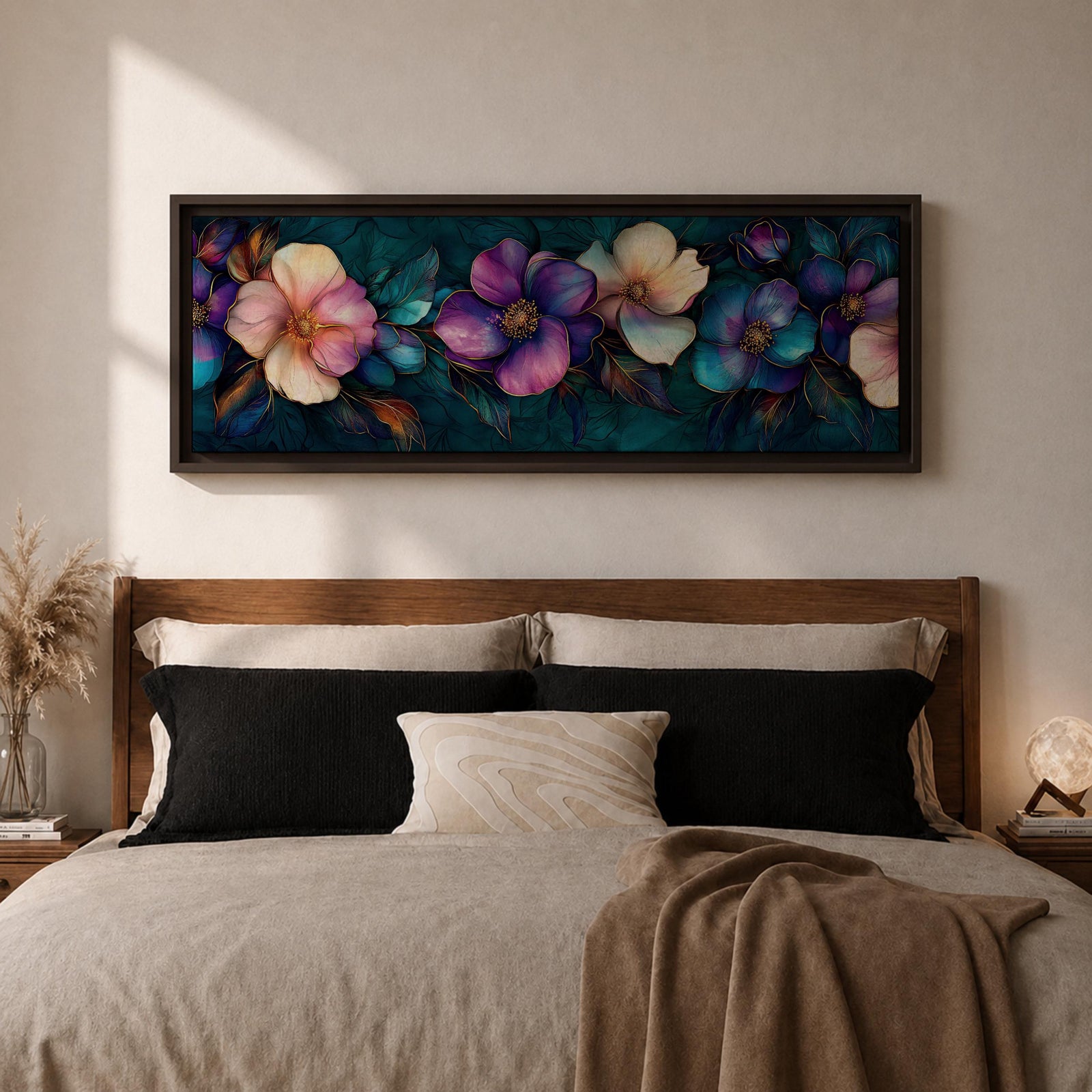 Panoramic teal floral wall art featuring large decorative botanical flowers in purple pink and ivory tones on a deep teal background creating an elegant modern floral composition.