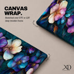 Panoramic teal floral wall art featuring large decorative botanical flowers in purple pink and ivory tones on a deep teal background creating an elegant modern floral composition.
