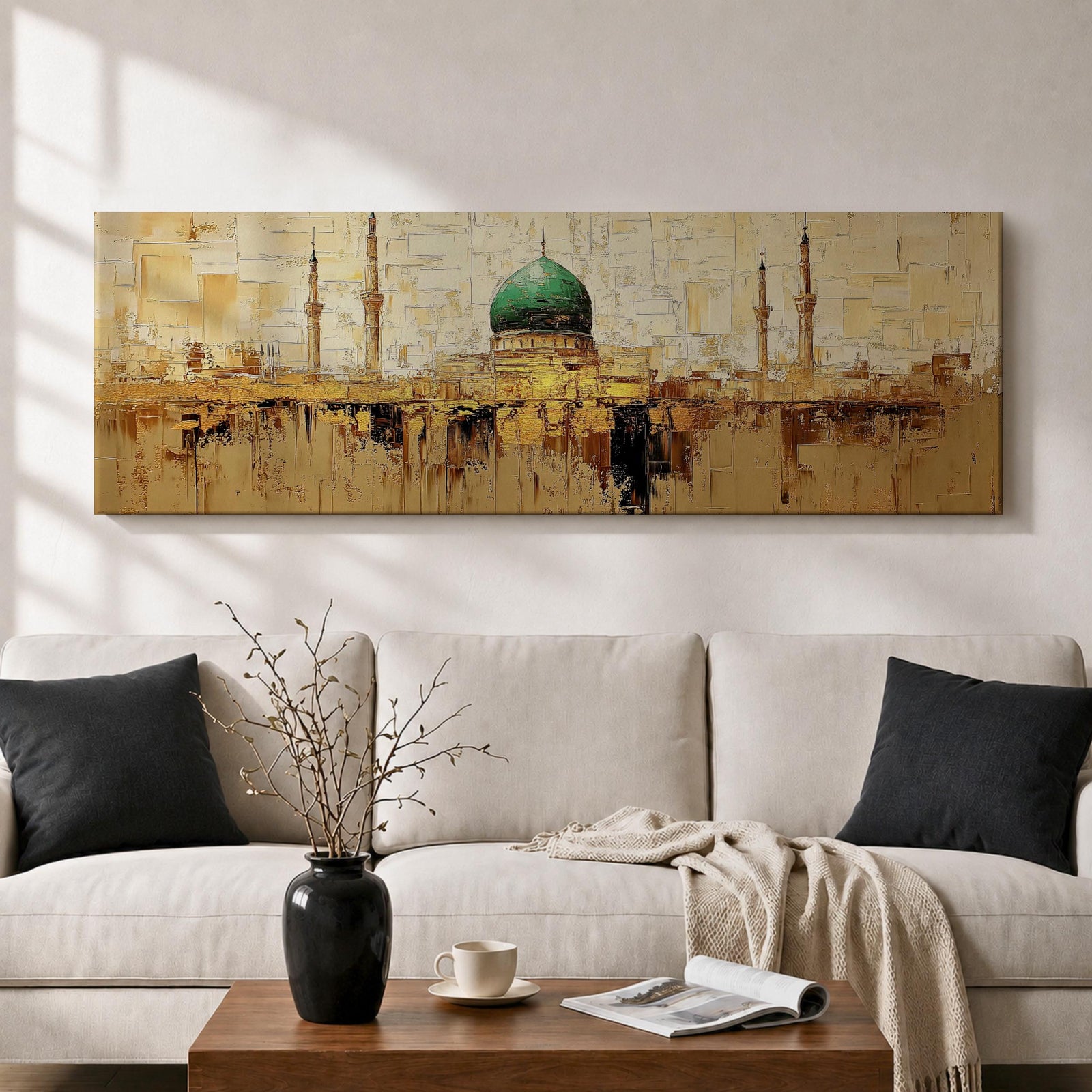Panoramic Islamic wall art featuring Masjid Al Nabawi in Medina with the iconic green dome and mosque minarets rendered in a warm textured abstract cityscape style.