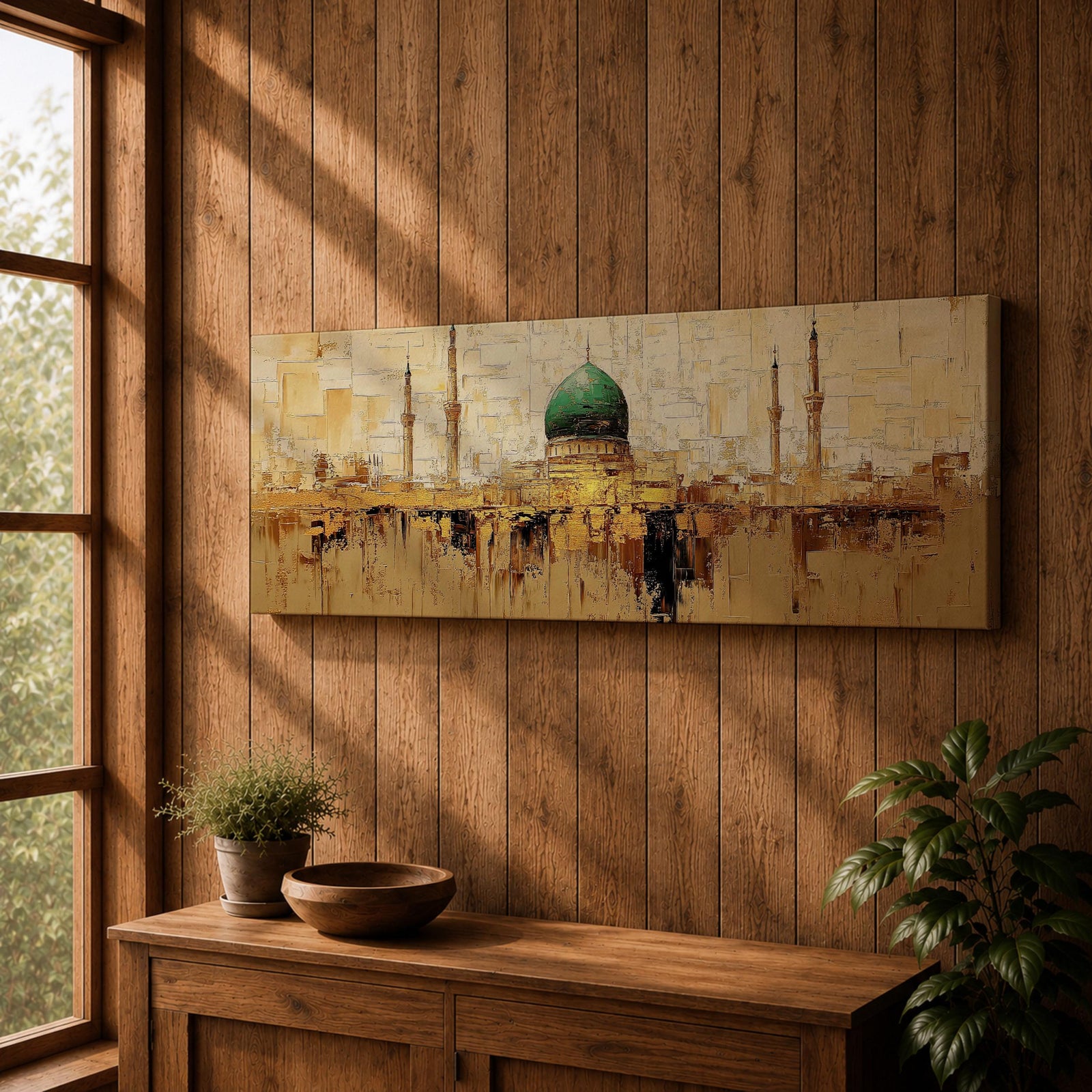 Panoramic Islamic wall art featuring Masjid Al Nabawi in Medina with the iconic green dome and mosque minarets rendered in a warm textured abstract cityscape style.