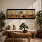 Panoramic Islamic wall art featuring Masjid Al Nabawi in Medina with the iconic green dome and mosque minarets rendered in a warm textured abstract cityscape style.
