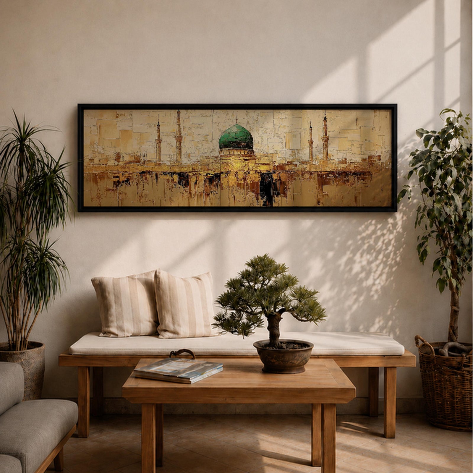 Panoramic Islamic wall art featuring Masjid Al Nabawi in Medina with the iconic green dome and mosque minarets rendered in a warm textured abstract cityscape style.