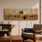 Panoramic Islamic wall art featuring Masjid Al Nabawi in Medina with the iconic green dome and mosque minarets rendered in a warm textured abstract cityscape style.