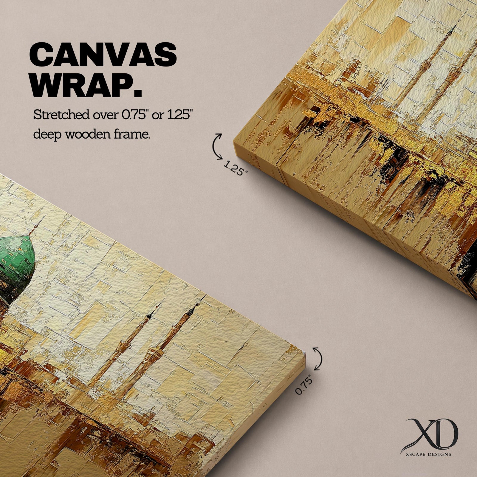 Panoramic Islamic wall art featuring Masjid Al Nabawi in Medina with the iconic green dome and mosque minarets rendered in a warm textured abstract cityscape style.