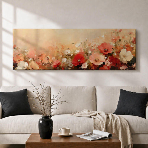 Panoramic painting of a blooming wildflower field featuring soft blush, red, coral, and cream flowers scattered across a warm neutral background. The composition stretches horizontally with loose impressionistic brushstrokes and layered petals, creating a flowing meadow of abstract floral forms with soft color transitions and textured botanical elements.