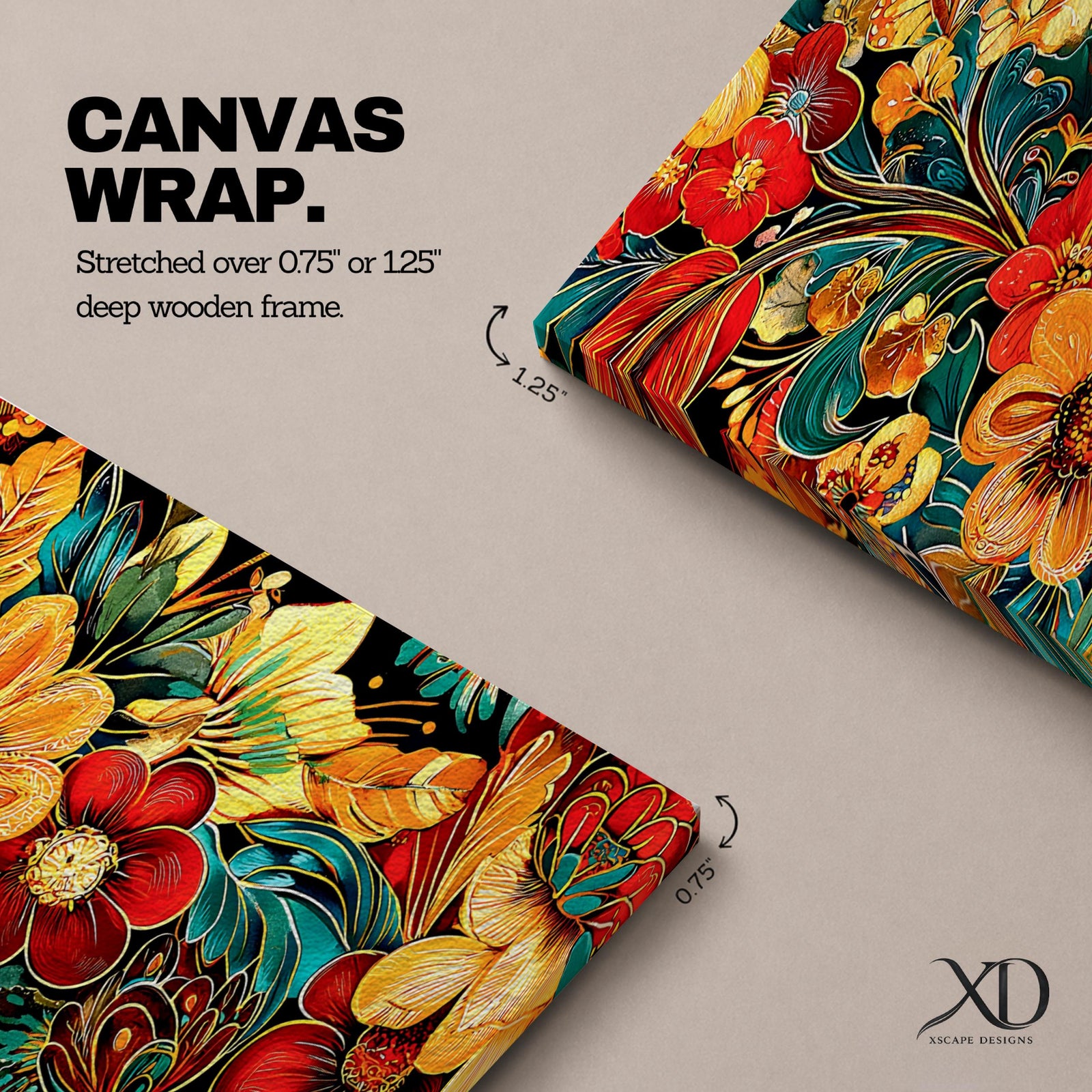 Panoramic floral botanical artwork featuring large vintage style flowers in red orange and gold tones with decorative leaves and swirling foliage across a dark teal background creating a vibrant ornamental botanical pattern.