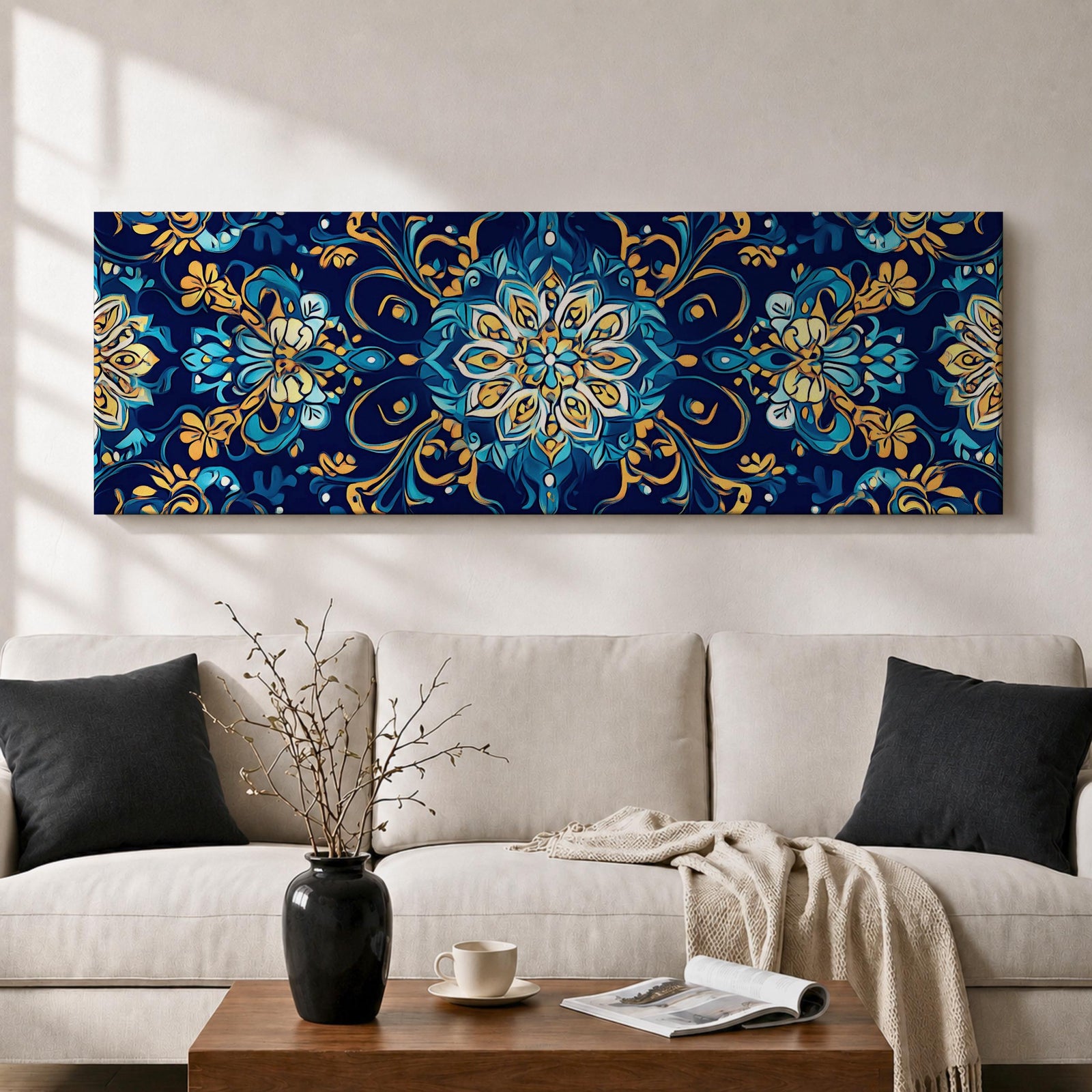 Panoramic Moroccan tile pattern artwork featuring intricate Islamic geometric ornament and Moorish floral motifs in deep blue and gold tones arranged in a symmetrical decorative design.