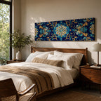 Panoramic Moroccan tile pattern artwork featuring intricate Islamic geometric ornament and Moorish floral motifs in deep blue and gold tones arranged in a symmetrical decorative design.