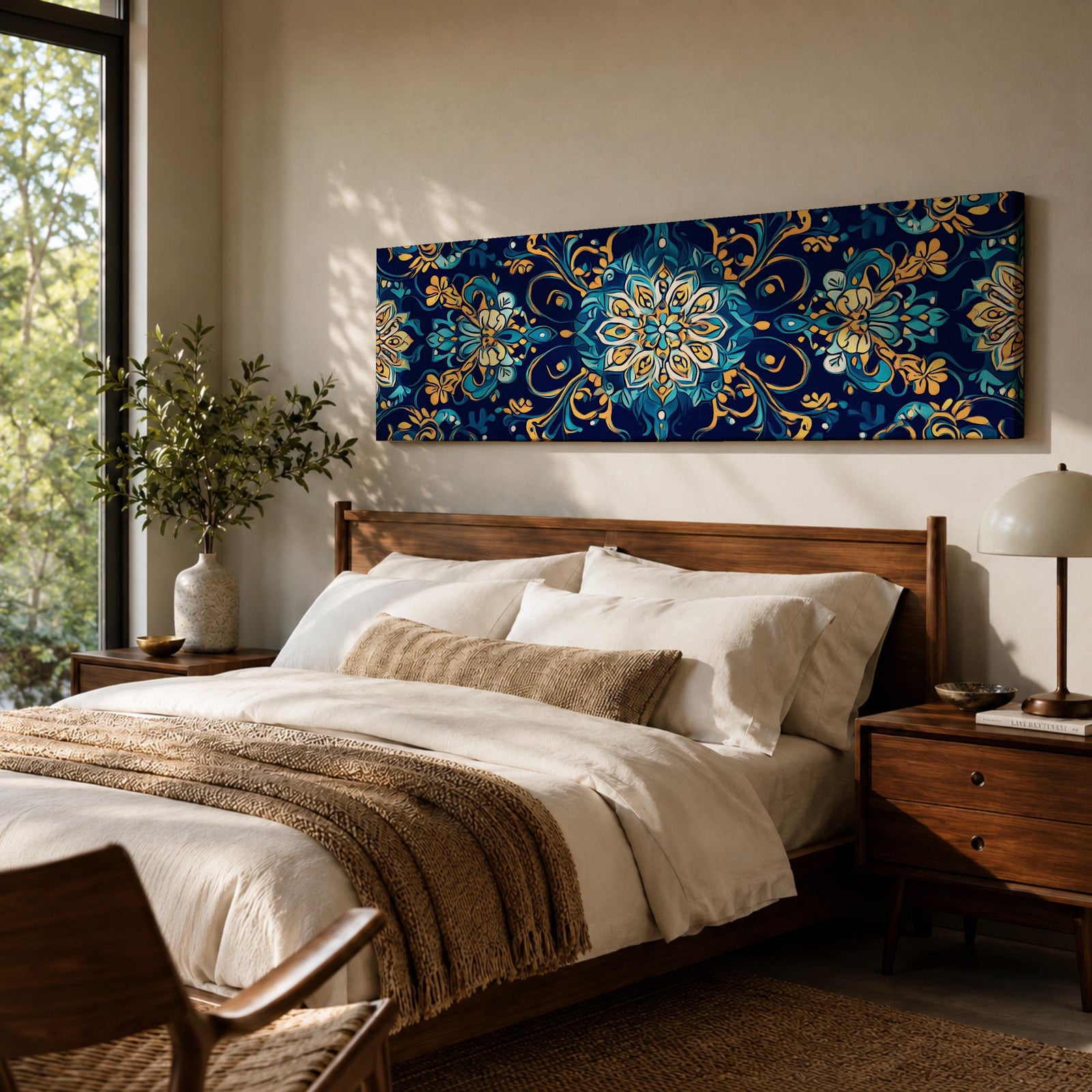 Panoramic Moroccan tile pattern artwork featuring intricate Islamic geometric ornament and Moorish floral motifs in deep blue and gold tones arranged in a symmetrical decorative design.