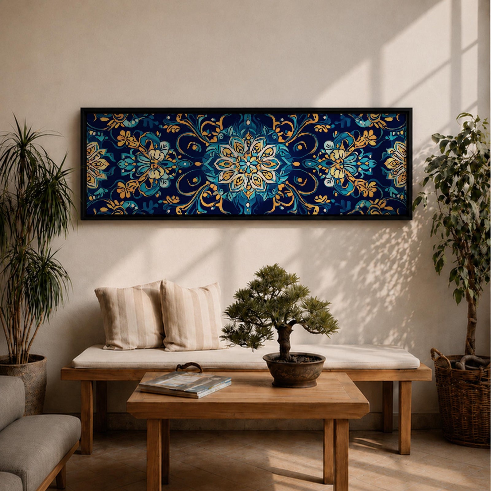 Panoramic Moroccan tile pattern artwork featuring intricate Islamic geometric ornament and Moorish floral motifs in deep blue and gold tones arranged in a symmetrical decorative design.