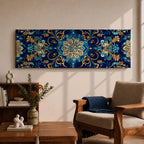 Panoramic Moroccan tile pattern artwork featuring intricate Islamic geometric ornament and Moorish floral motifs in deep blue and gold tones arranged in a symmetrical decorative design.