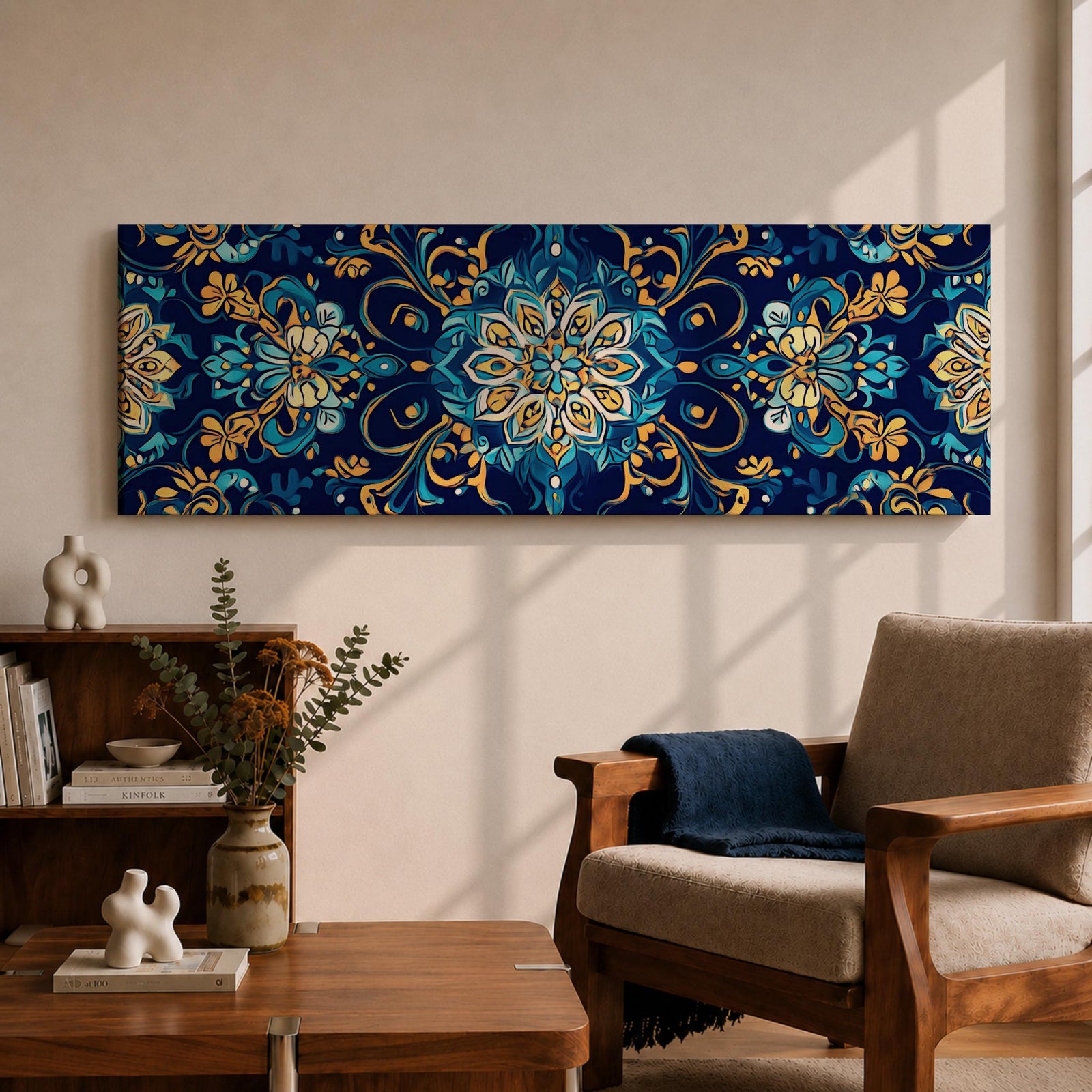 Panoramic Moroccan tile pattern artwork featuring intricate Islamic geometric ornament and Moorish floral motifs in deep blue and gold tones arranged in a symmetrical decorative design.