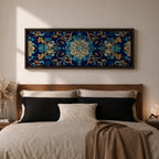 Panoramic Moroccan tile pattern artwork featuring intricate Islamic geometric ornament and Moorish floral motifs in deep blue and gold tones arranged in a symmetrical decorative design.