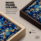 Panoramic Moroccan tile pattern artwork featuring intricate Islamic geometric ornament and Moorish floral motifs in deep blue and gold tones arranged in a symmetrical decorative design.