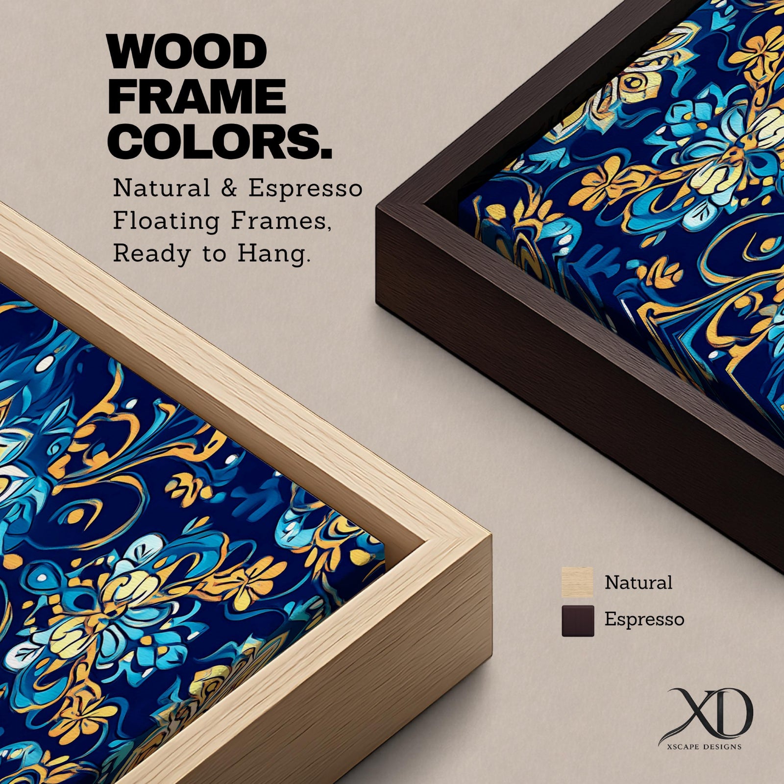 Panoramic Moroccan tile pattern artwork featuring intricate Islamic geometric ornament and Moorish floral motifs in deep blue and gold tones arranged in a symmetrical decorative design.