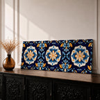 Panoramic Moroccan tile wall art featuring repeating Moorish floral patterns in blue white and gold tones arranged in a decorative Mediterranean ceramic tile design.
