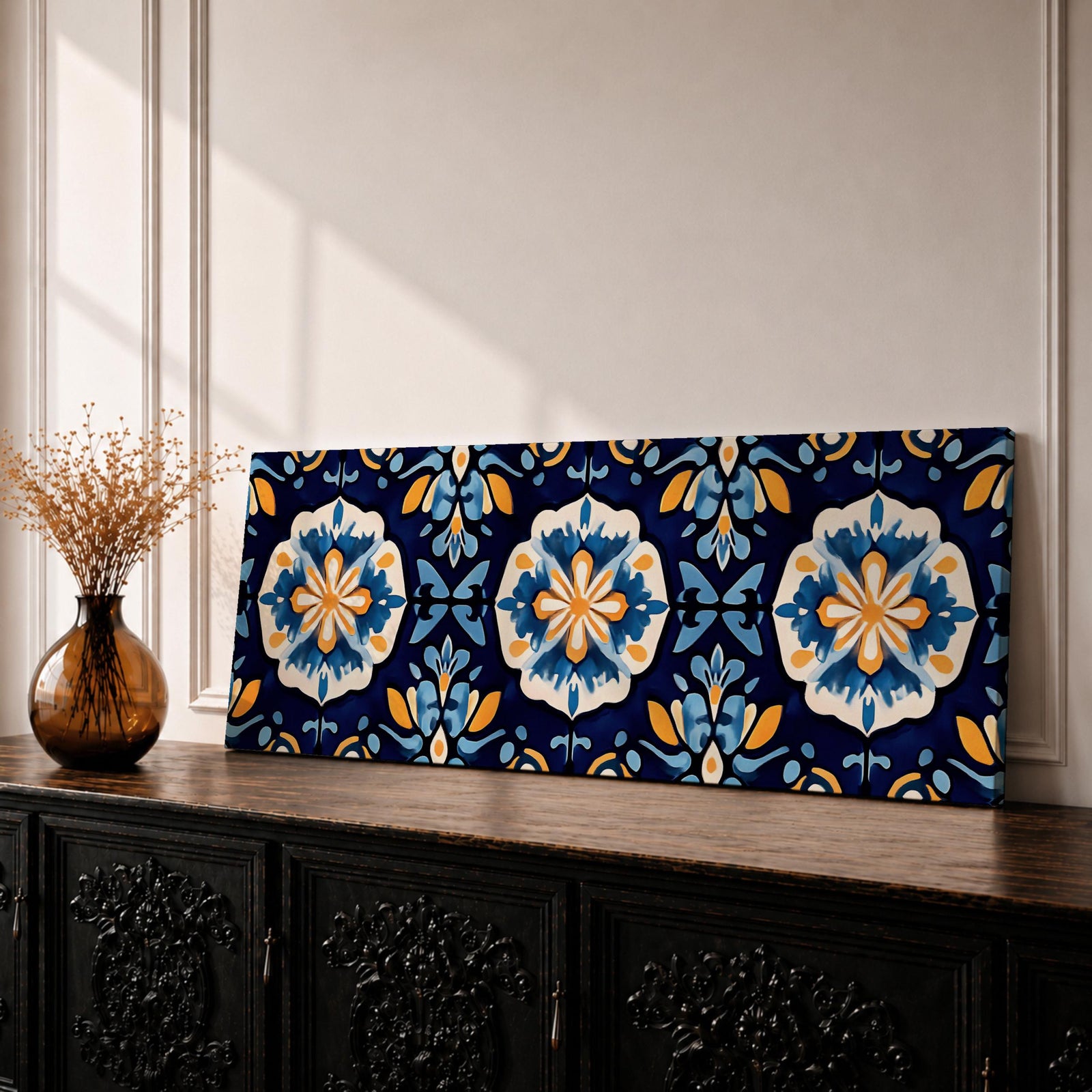 Panoramic Moroccan tile wall art featuring repeating Moorish floral patterns in blue white and gold tones arranged in a decorative Mediterranean ceramic tile design.