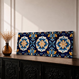 Panoramic Moroccan tile wall art featuring repeating Moorish floral patterns in blue white and gold tones arranged in a decorative Mediterranean ceramic tile design.