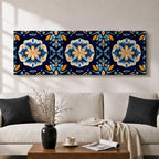 Panoramic Moroccan tile wall art featuring repeating Moorish floral patterns in blue white and gold tones arranged in a decorative Mediterranean ceramic tile design.